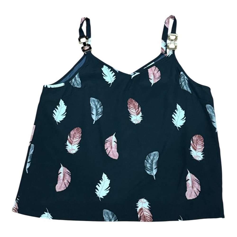 Cupshe Tank Top Womens XL Black Feather Print Adjustable Strap Gold Detail New